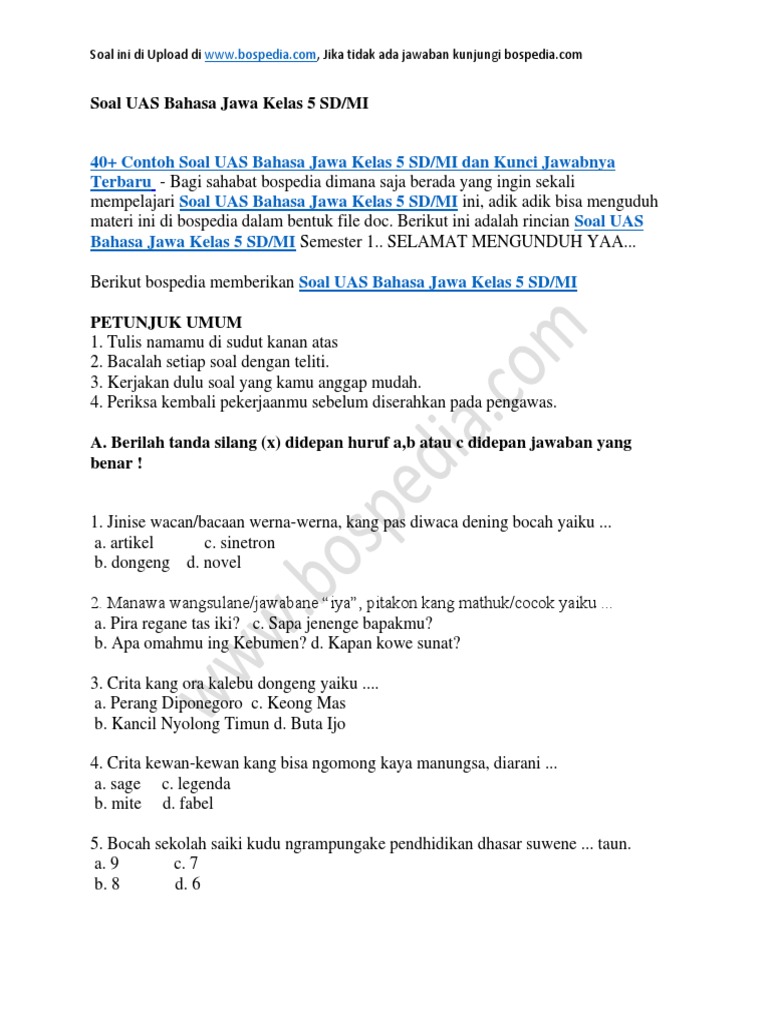 40 Contoh Soal Uas Bahasa Jawa Kelas 5 Sd Mi Dan Kunci Jawabnya
