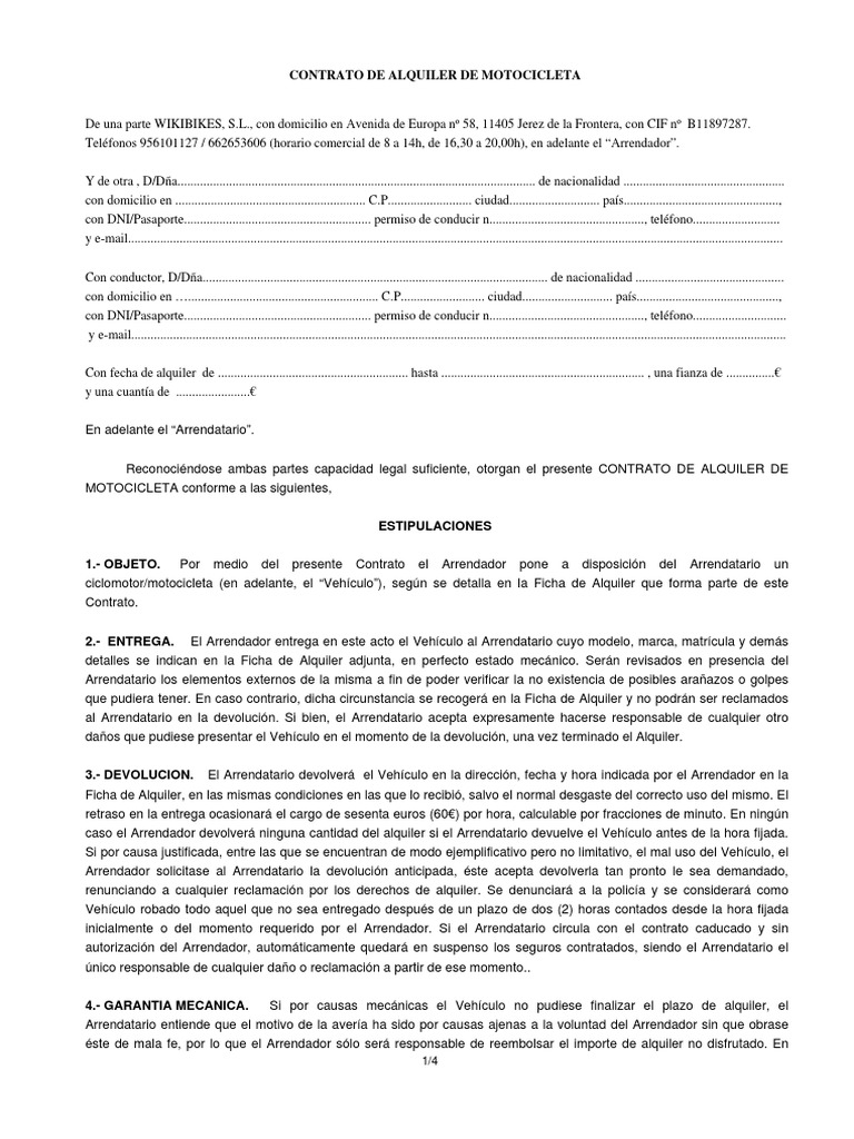 Modelo de Contrato Alquiler de Moto | PDF | Alquiler | Póliza de seguros