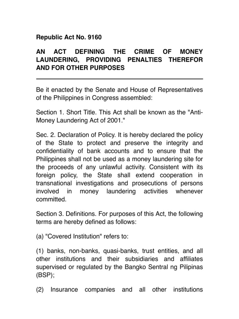 Republic Act No. 9160 AN ACT Defining THE Crime OF Money Laundering ...