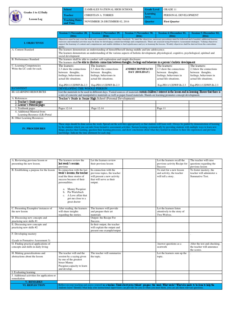 Grade 11 Personal Development Lesson Plan | PDF | Learning | Teachers