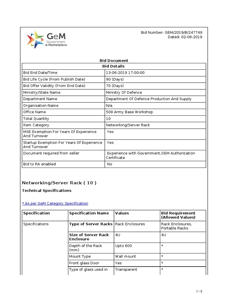 Bid Document Bid Details: Networking/Server Rack (10) | PDF | Door ...