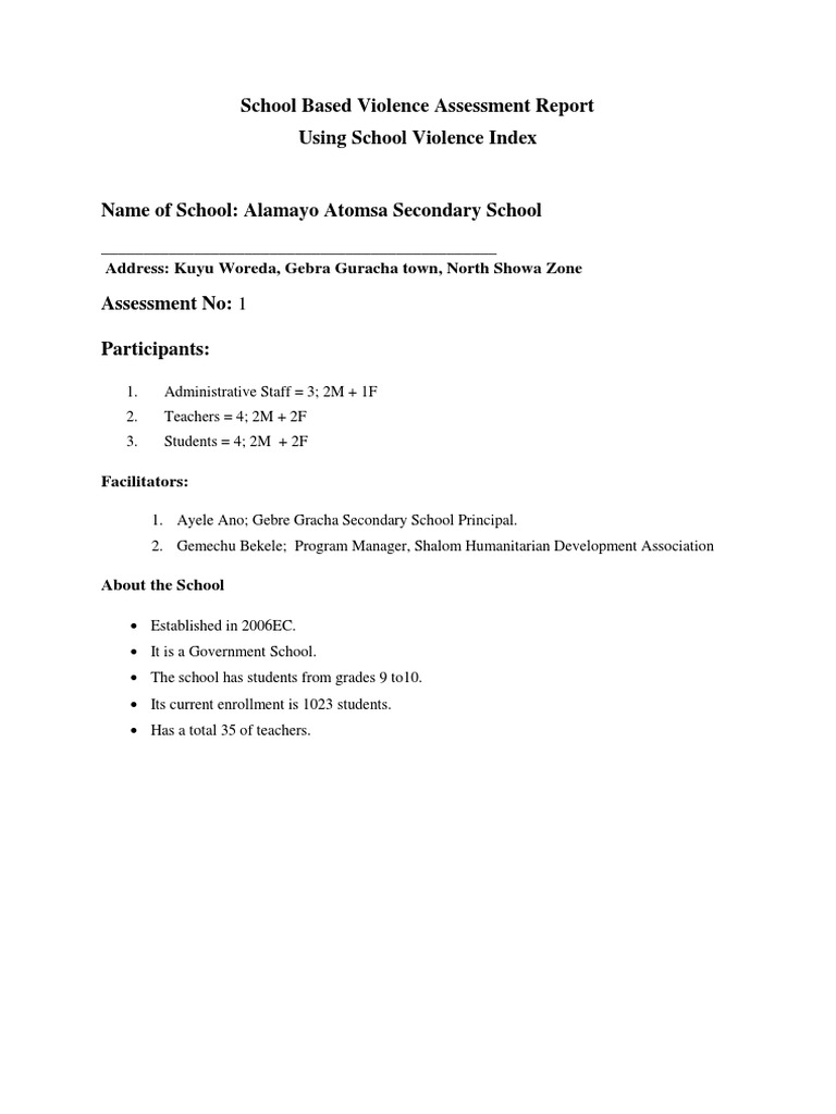 School Based Violence Assessment Report Using School Violence Index