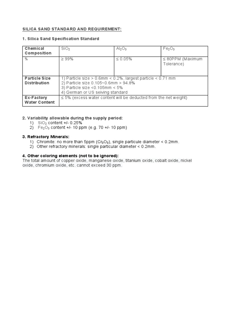 Silica Sand Standard and Requirement | PDF | Silicon Dioxide | Sand