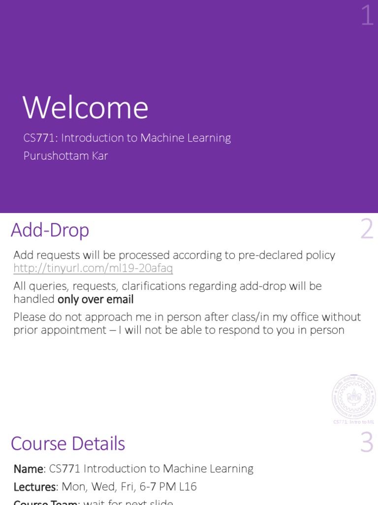 CS771: Intro to Machine Learning | PDF | Machine Learning | Quiz