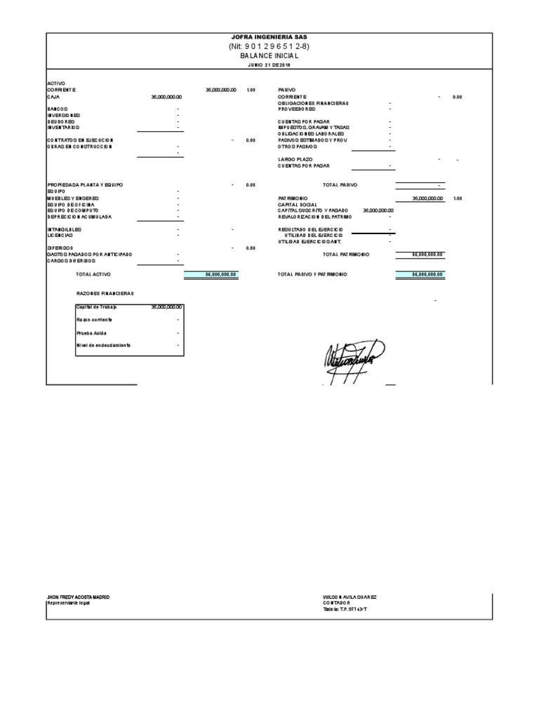 Balance Inicial Jofra Ingeniería SAS | PDF | Hoja de balance | Contabilidad