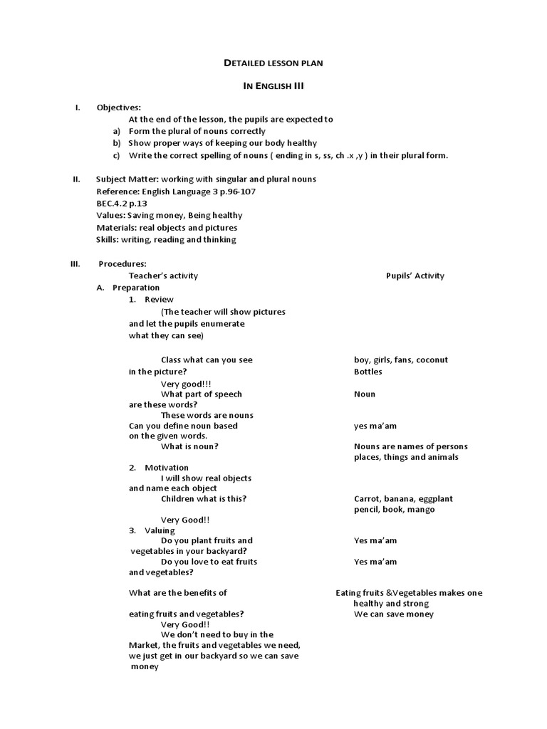 Detailed Lesson Plan | PDF | Plural | Grammatical Number