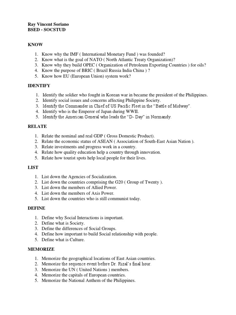 A Study Guide for Social Studies Key Terms, Concepts, and Events PDF Philippines Global
