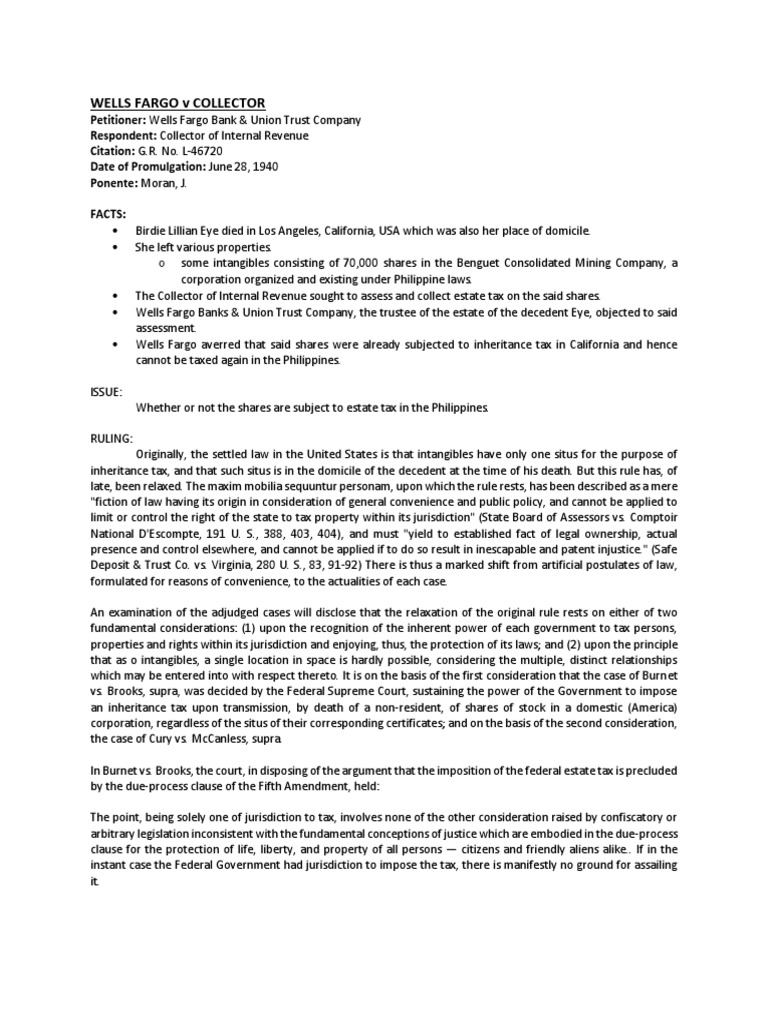 Wells Fargo V Collector PDF Taxation In The United States Taxes