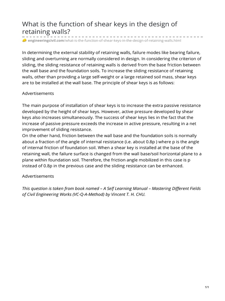 What Is The Function of Shear Keys in The Design of Retaining Walls? PDF