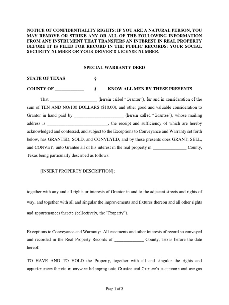 Special Warranty Deed Texas Form PDF Conveyancing Deed