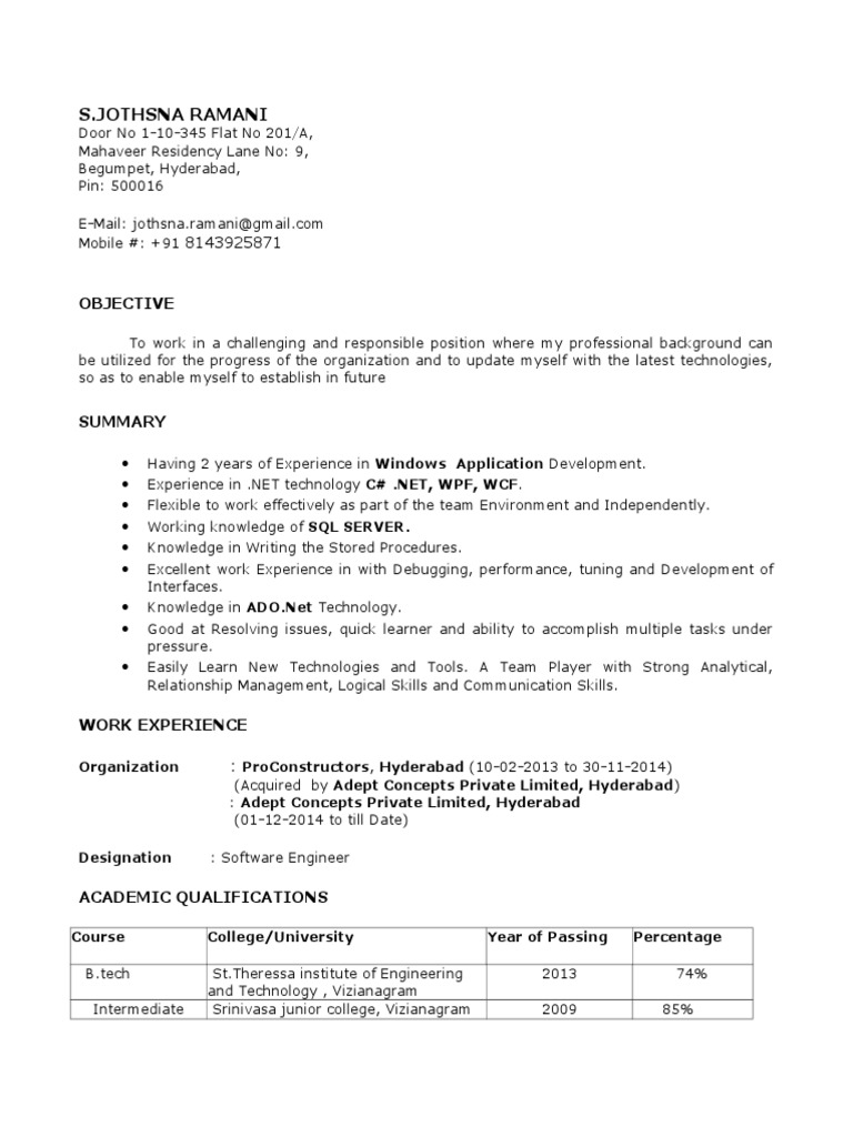Software Engineer Resume - Jothsna Ramani | PDF | Microsoft Sql Server ...