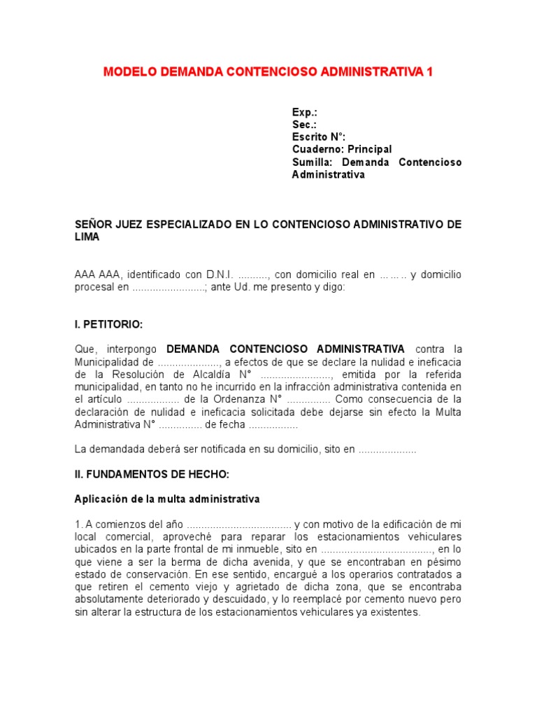 01 - Modelo Demanda Contencioso Administrativa 1 | PDF | Justicia | Crimen  y violencia