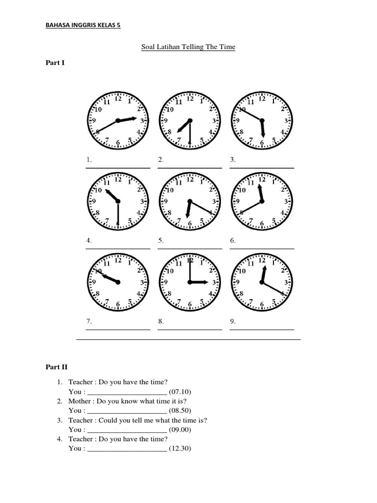 Soal Latihan Telling The Time