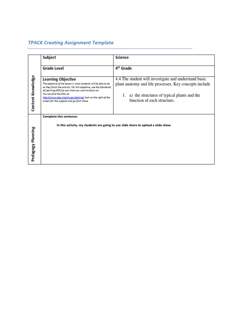 TPACK Creating Assignment Template: Subject Science Grade Level 4 Grade ...