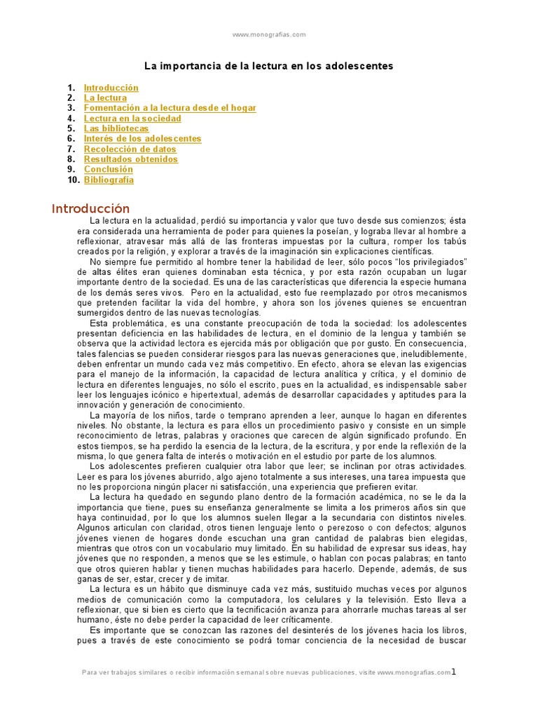 La Importancia de La Lectura en Los Adolescentes | PDF | Conocimiento ...
