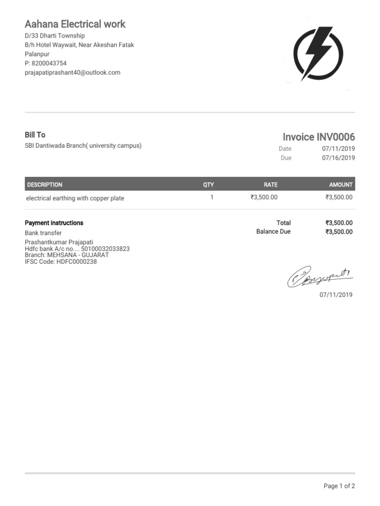 Aahana Electrical Work: Bill To | PDF