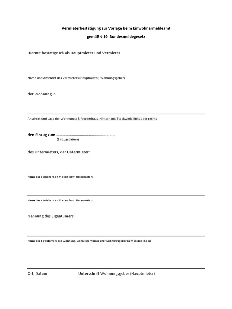 Vermieterbestaetigung Wohnungsgeberbescheinigung Untermieter 1.11.16 | PDF