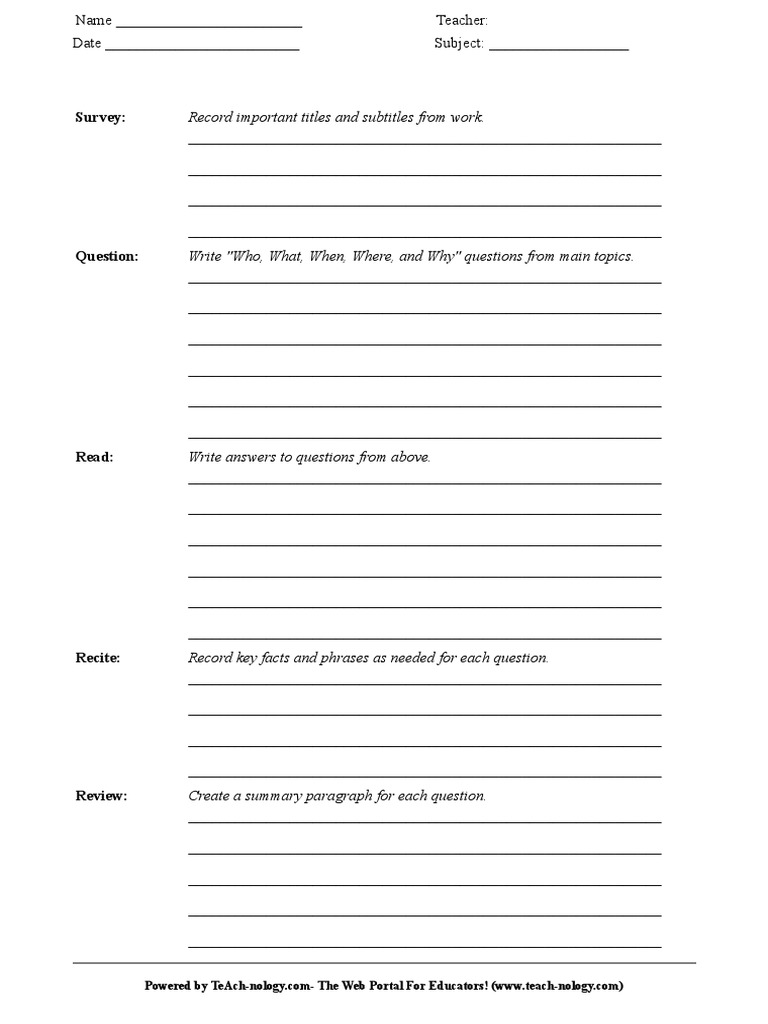 SQ3R Template Download Free PDF Communication