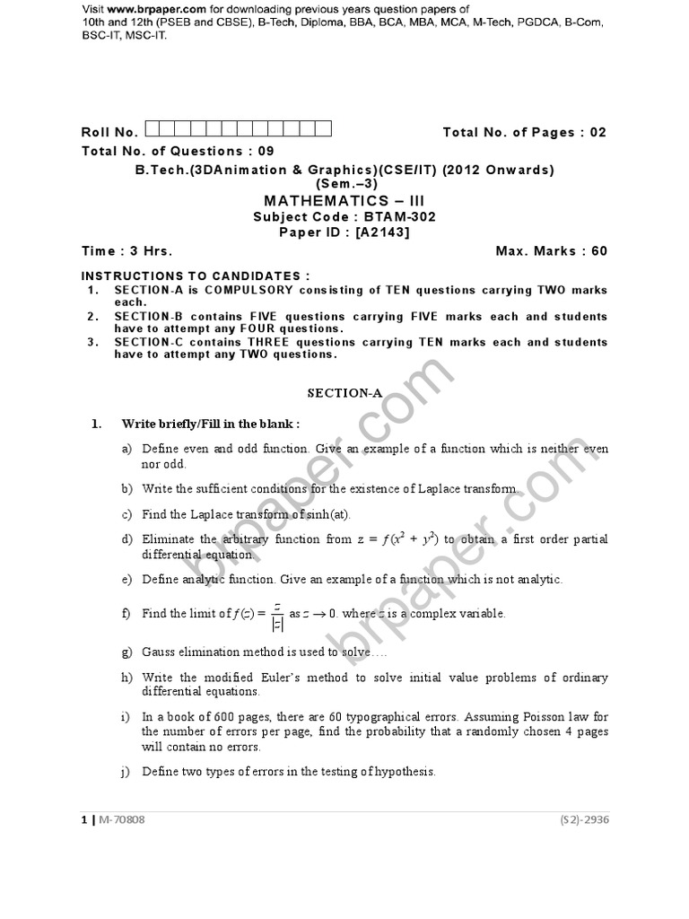 Mathematics - Iii: Inst Ruct Ions T O Candidat Es | PDF | Analytic ...