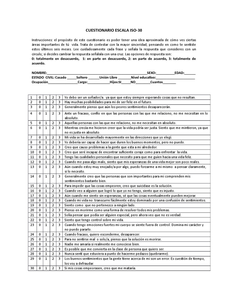 Cuestionario Escala Iso-30 | PDF