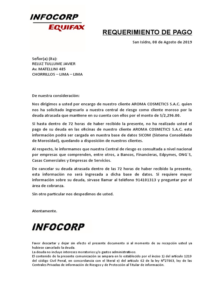 Requerimiento de Pago y Riesgo Infocorp | PDF | Negocios | Finanzas y ...