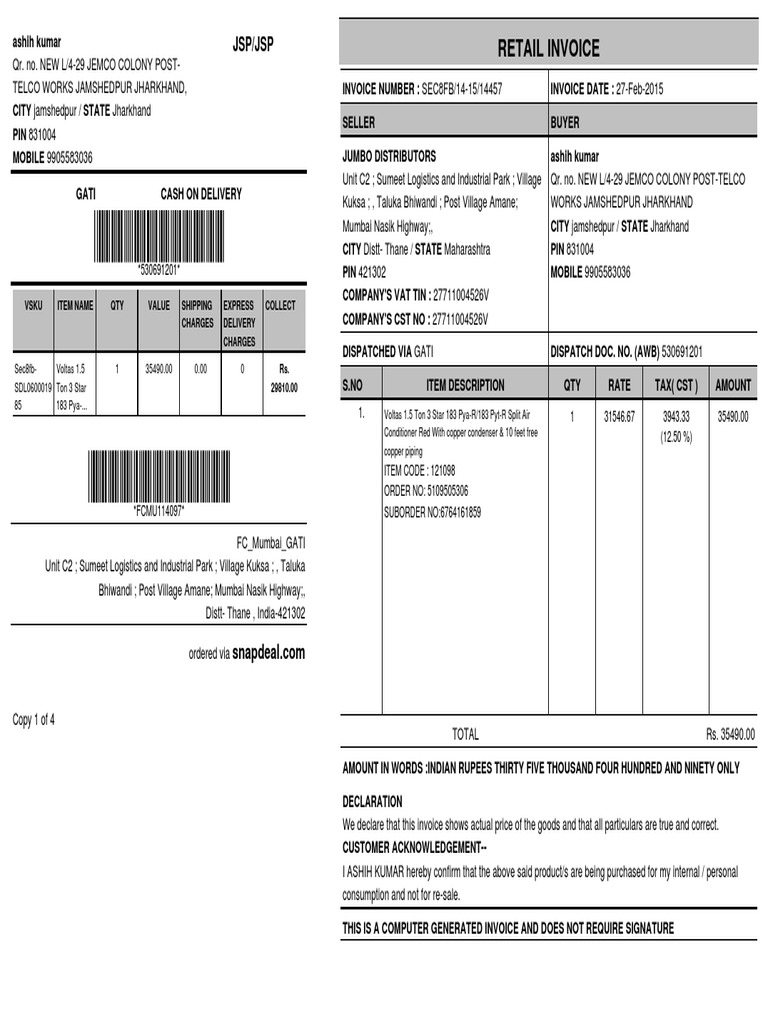 Retail Invoice: JSP/JSP | Download Free PDF | Invoice | Rupee