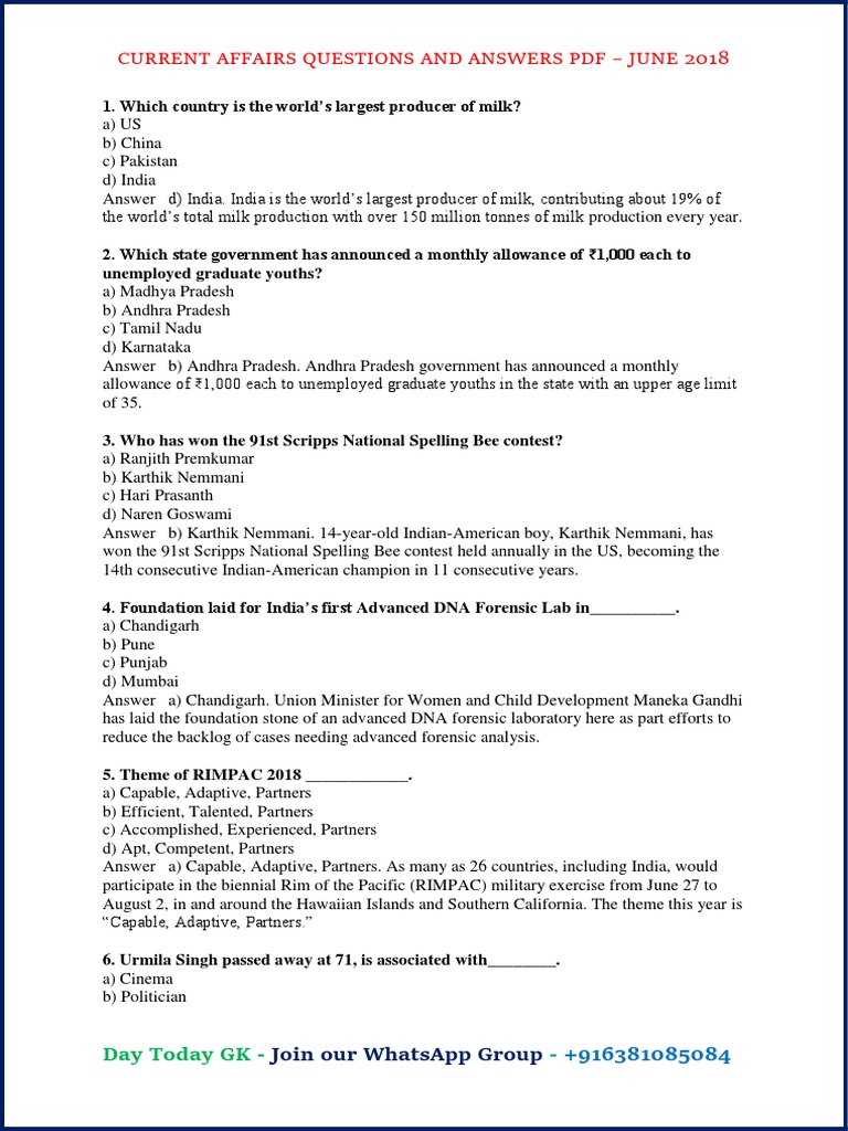 Current Affairs Questions and Answers PDF - June 2018: Day Today GK ...