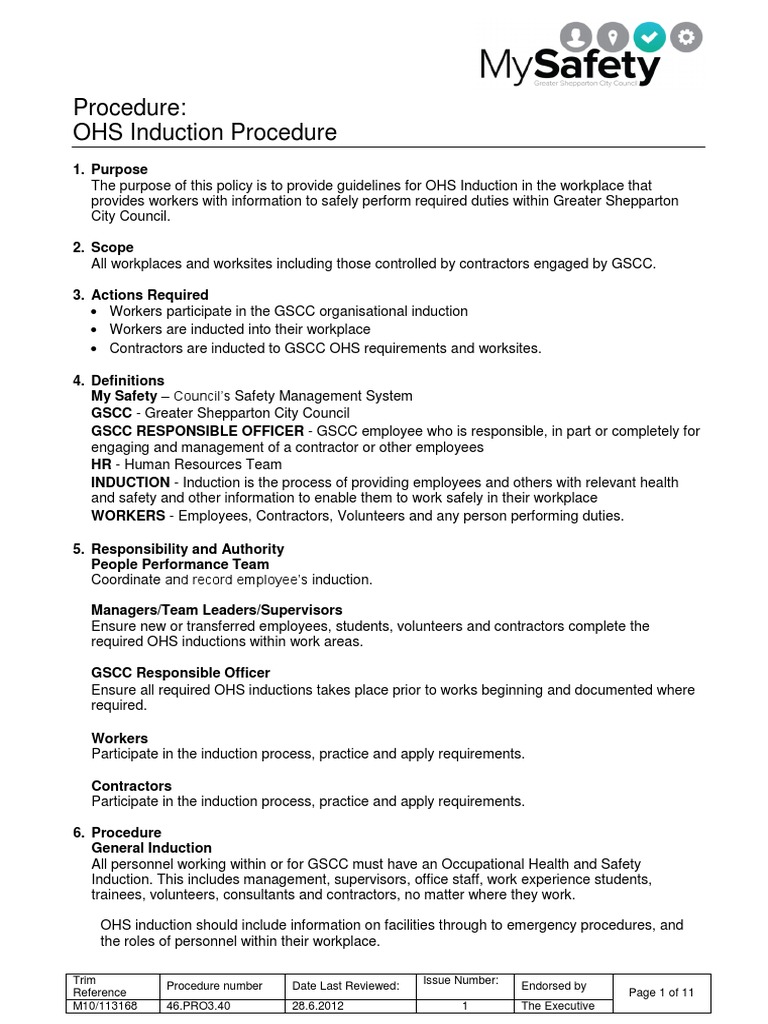 OHS Induction Procedure 46.PRO3.40 PDF Occupational Safety And