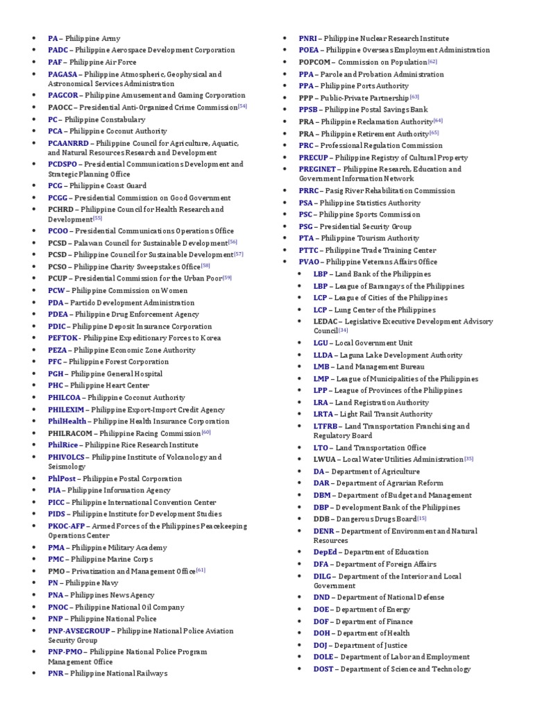 Acronyms PDF Philippines Government Agencies