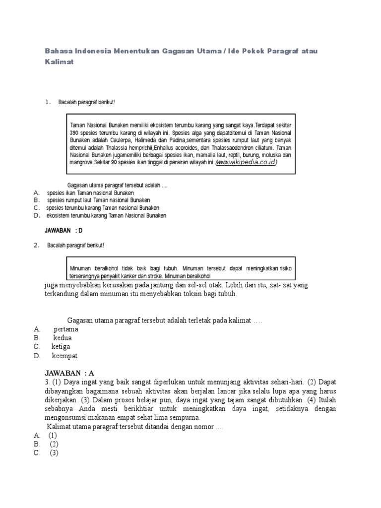 Contoh Soal Untuk Materi Gagasan Pokok Dan Gagasan Pendukung