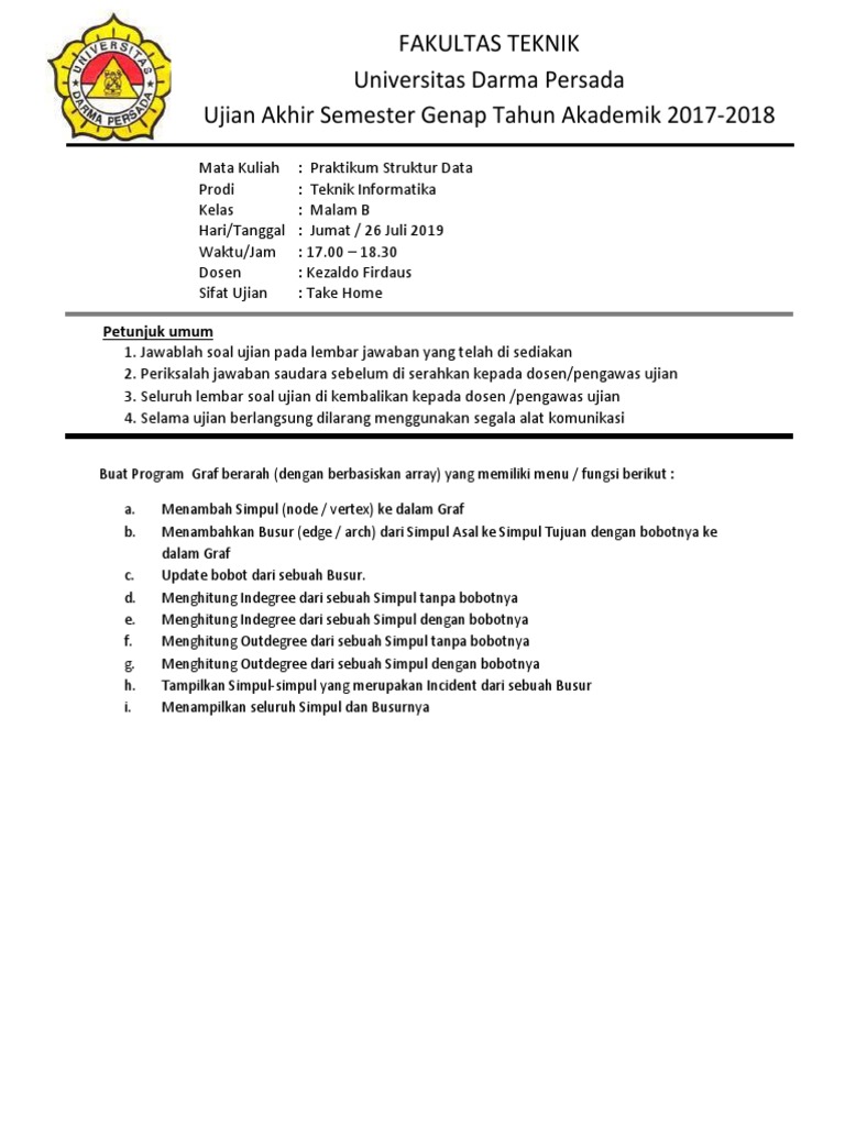 Unsada Soal Uas Praktikum Struktur Data 26 Juli 2019 Sem Genap 2018 2019 V1 0