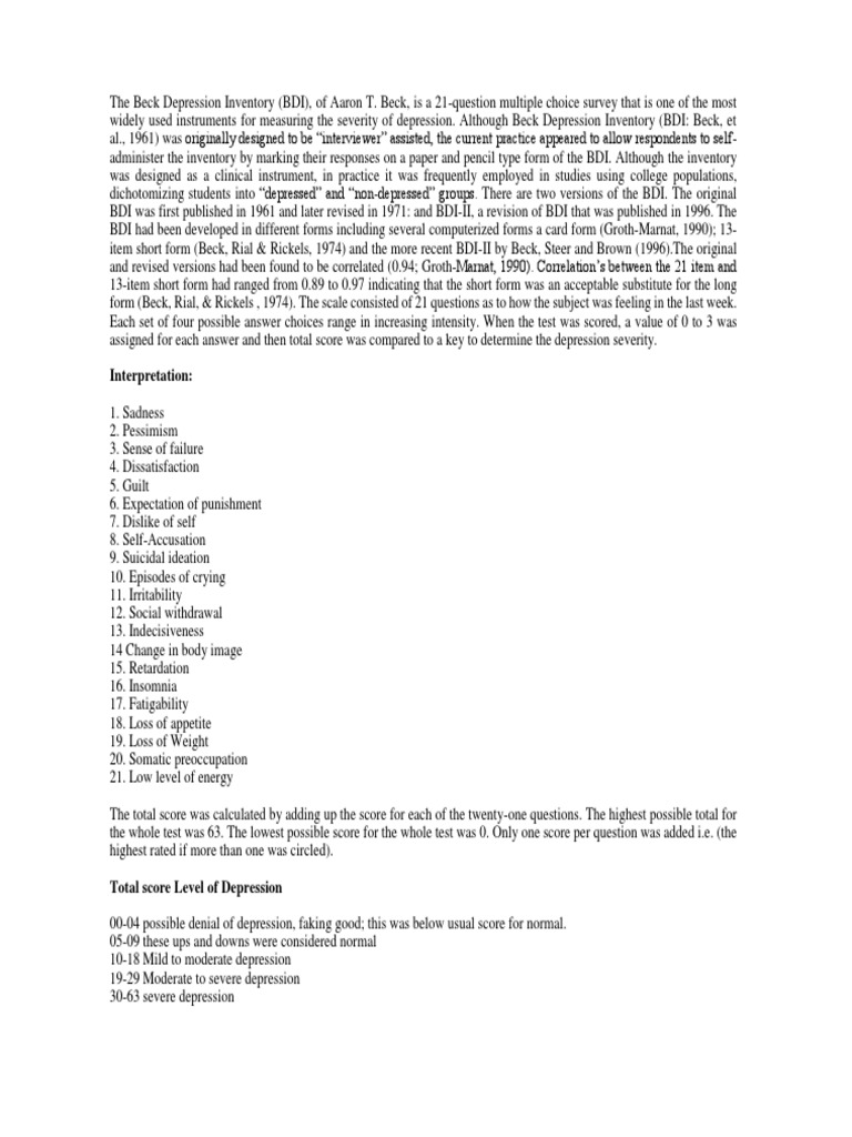 Beck Depression Inventory II To Analyse The Suicidal Ideation and Risk ...
