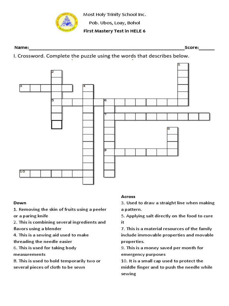 I. Crossword. Complete The Puzzle Using The Words That Describes Below