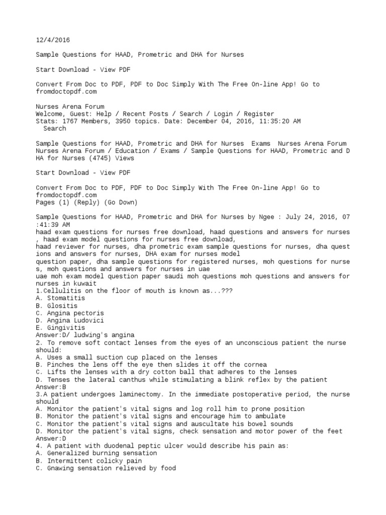 Sample Questions For HAAD Prometric and DHA For Nurses | PDF ...