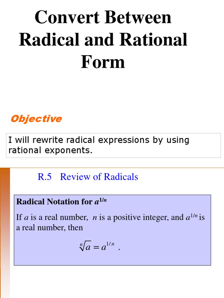 Convert Between Radical and Rational Form: Objective | Download Free ...