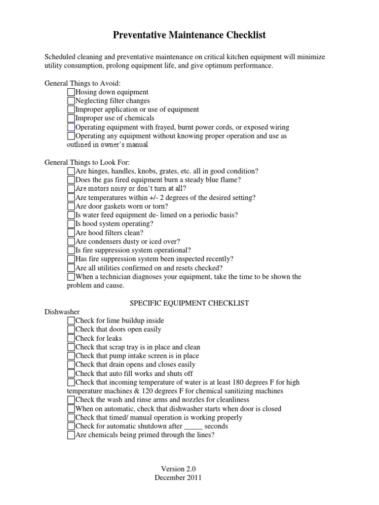 Kitchen Equipment Preventative Maintenance Checklist PDF