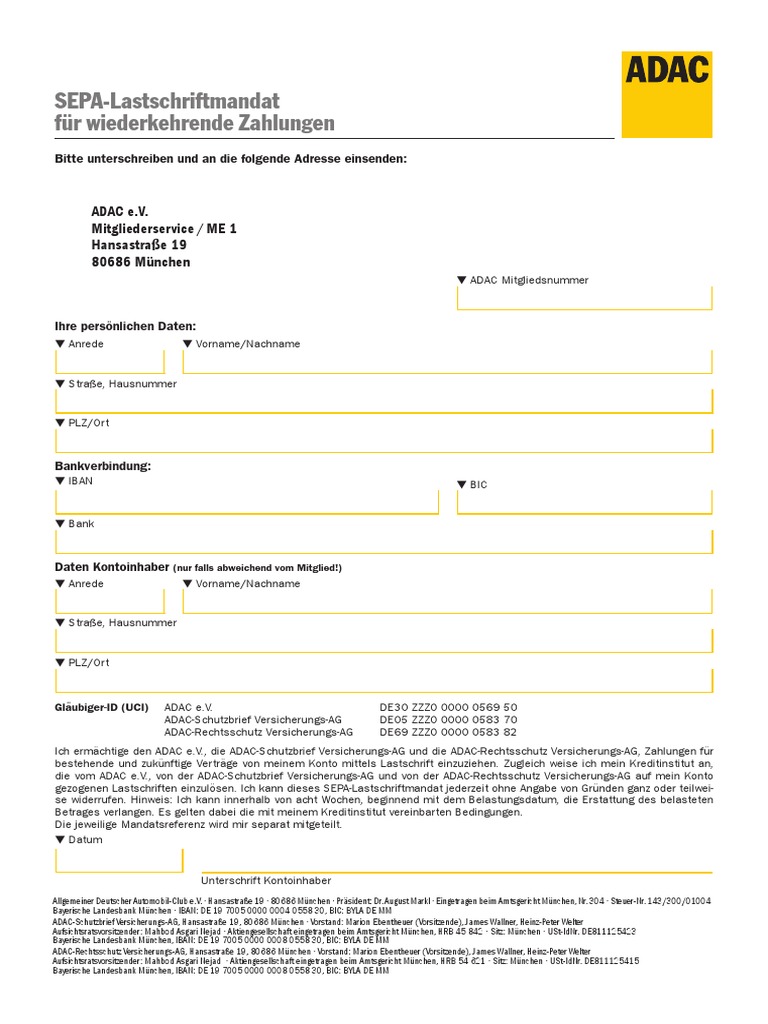 Sepa Lastschriftmandat Fur Wiederkehrende Zahlungen Adac E V Mitgliederservice Me 1 Hansastrasse 19 Munchen