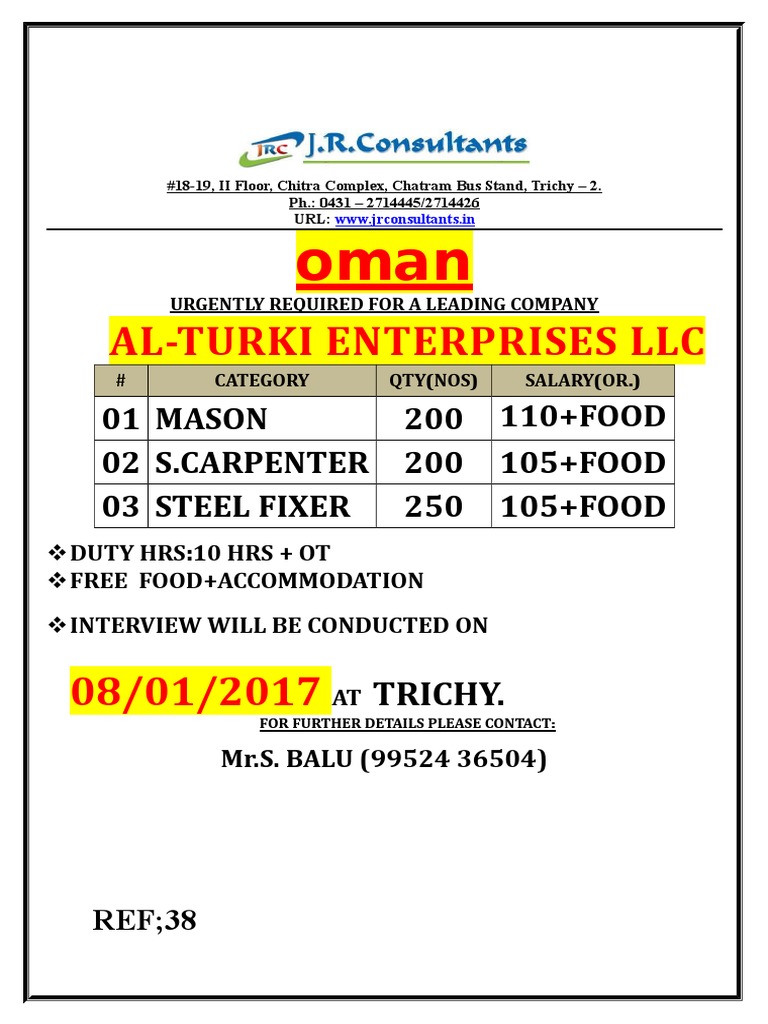 Recruitment Notice for Masons, Carpenters, and Steel Fixers by AlTurki