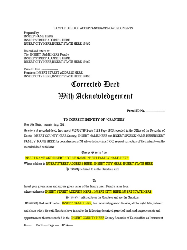 Sample Deed Of Acceptance Pdf Deed Land Lot