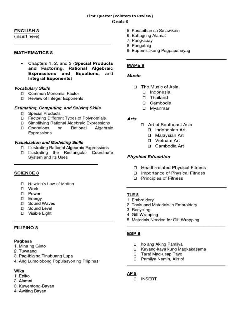 Grade 8 First Quarter Review Guide | PDF | Factorization | Exponentiation