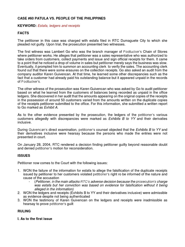 Estafa, ledgers and receipts Case 60 Patula Vs. People Of The