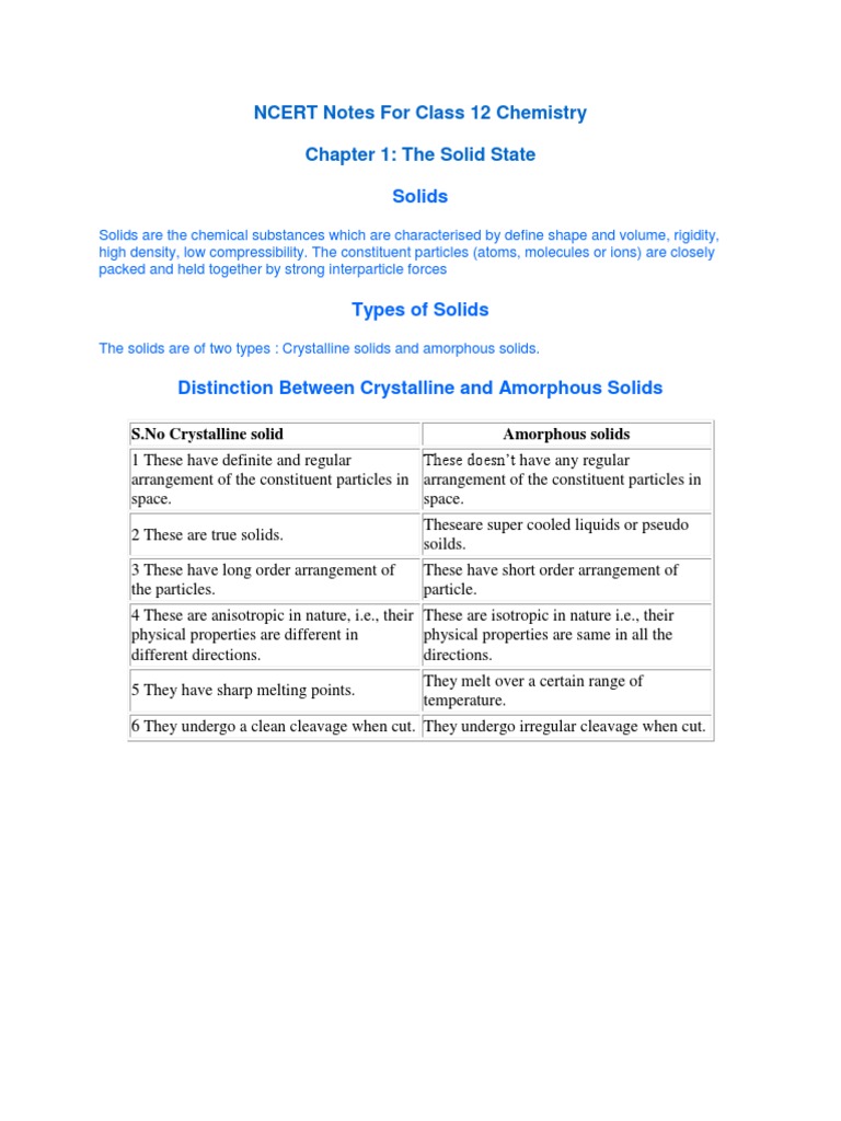 Class 12 Chemistry: Solid State Notes | PDF | Crystal Structure | Magnetism