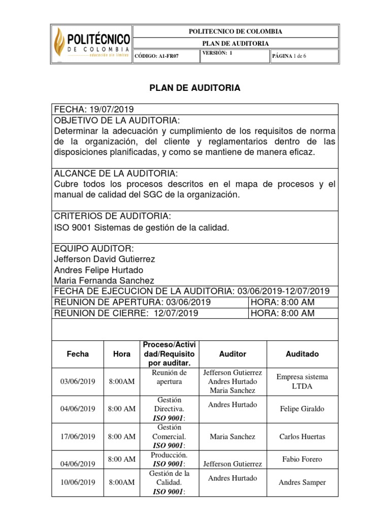 Plan de Auditoría ISO 9001 Politécnico | PDF | Auditoría | Gestión de ...