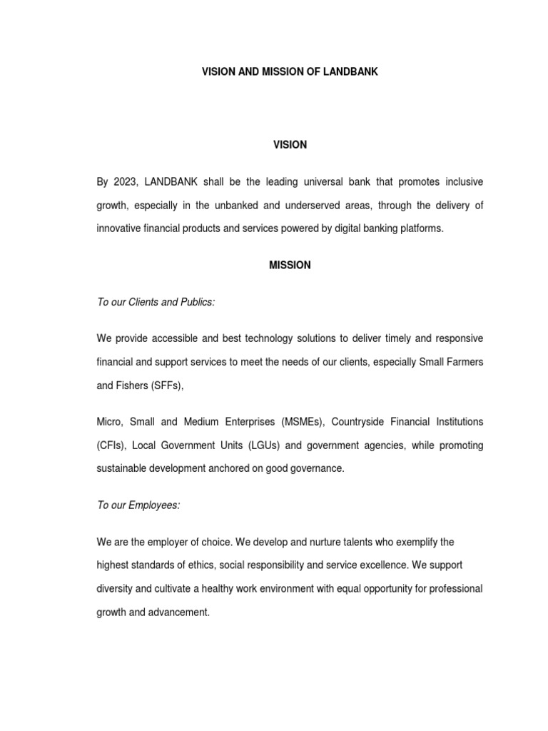 Vision and Mission of Landbank | PDF | Business | Finance & Money ...