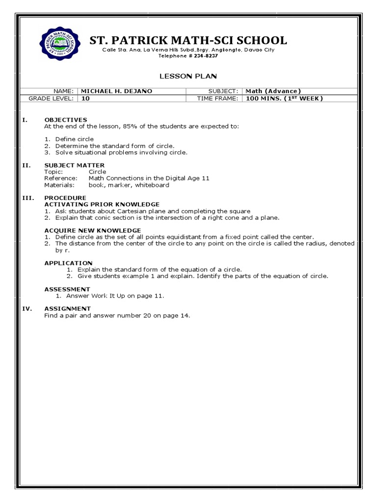 St. Patrick Math-Sci School: Lesson Plan | PDF | Circle | Equations