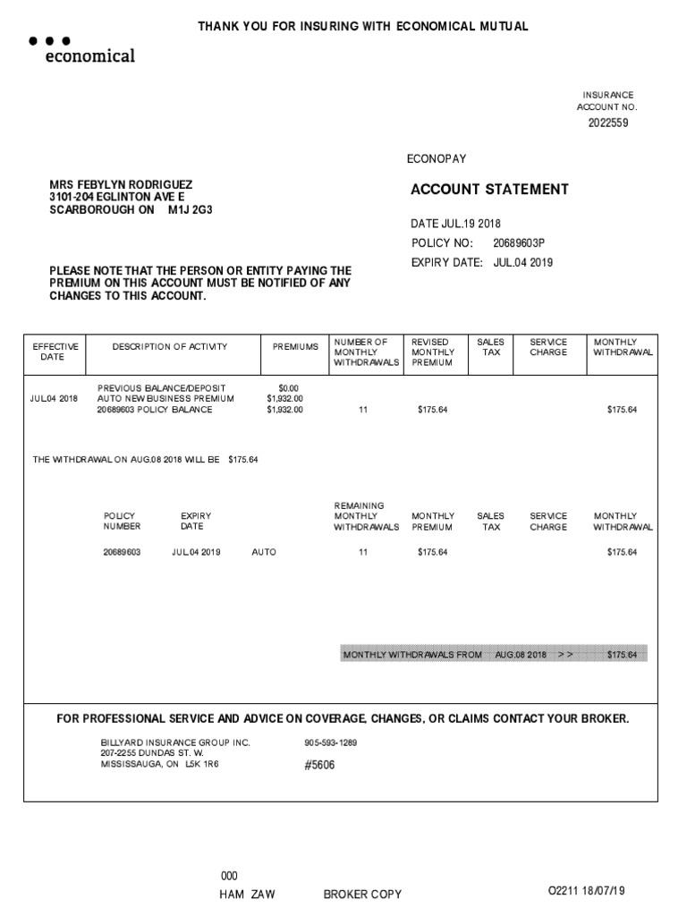 Automobile Insurance Account Statement | PDF | Deductible | Vehicle ...