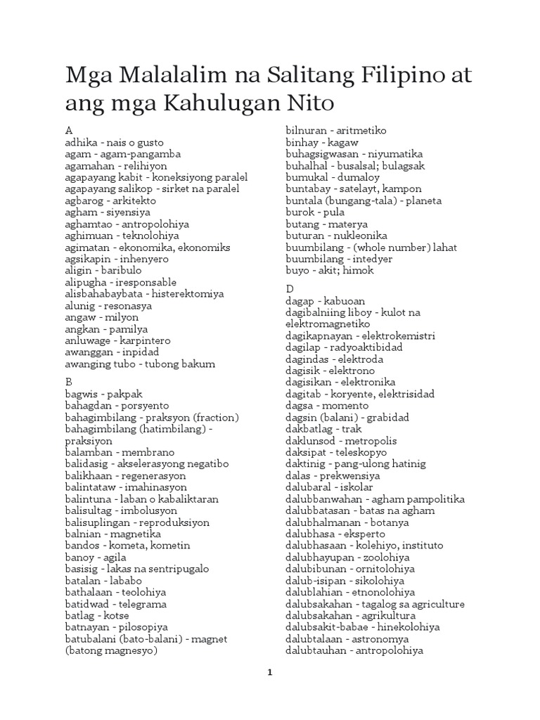 Mga Salitang Filipino Na Malalim. At Ang Kahulugan Nito
