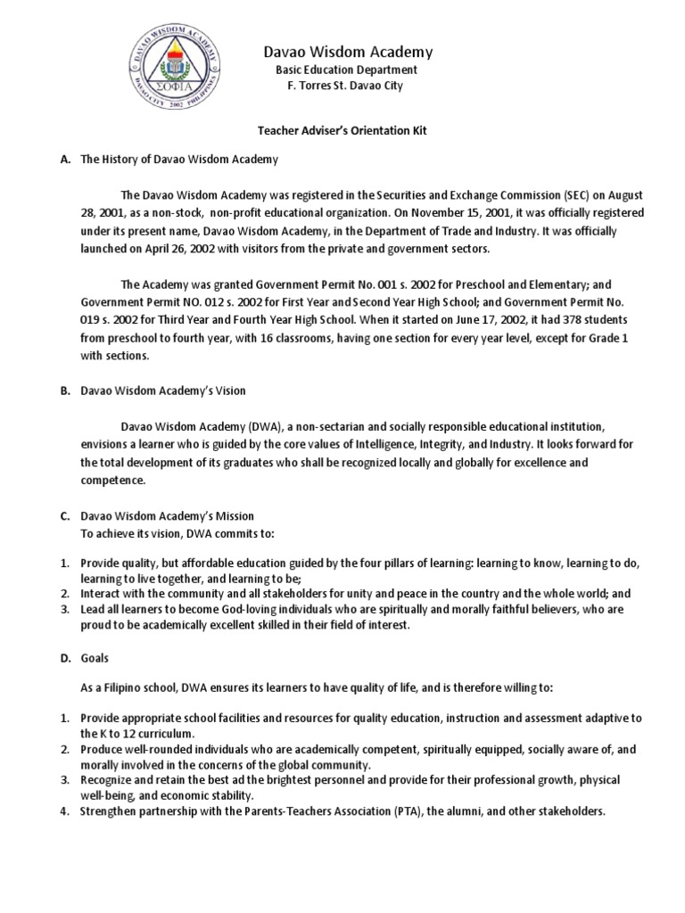 Davao Wisdom Academy Teacher Orientation Kit | PDF | Students | Schools