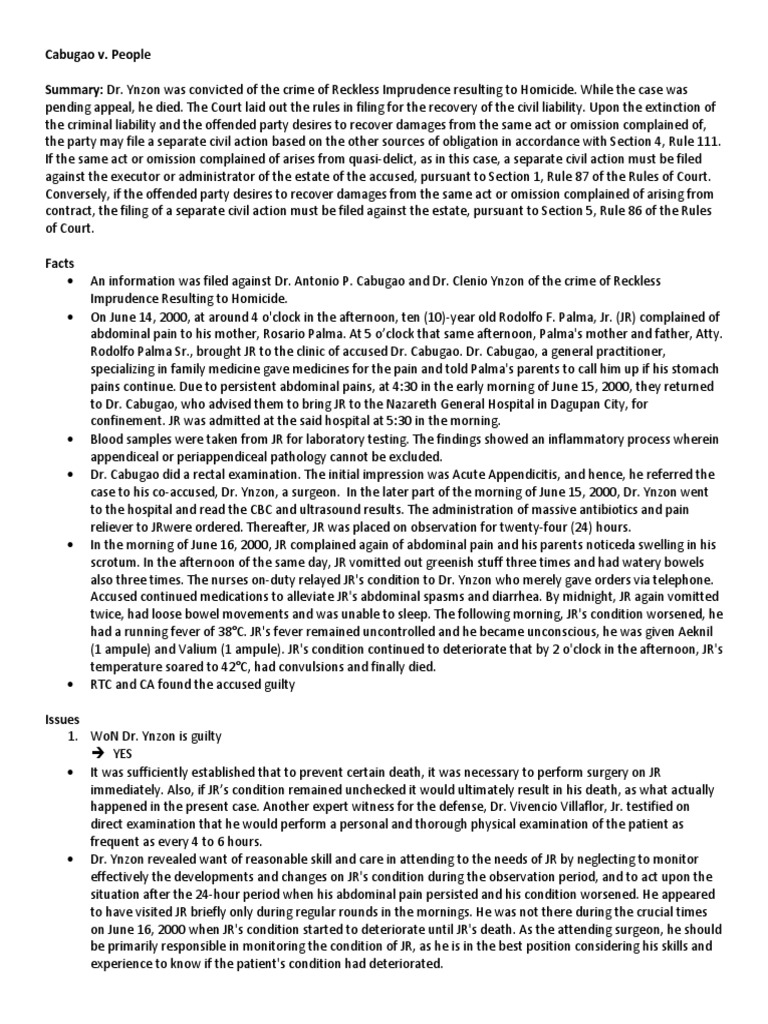 Cabugao v. People Summary Dr. Ynzon Was Convicted of The Crime of
