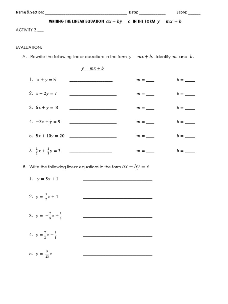 REWRITING LINEAR EQUATION AX + BY C IN THE FORM y MX + B PDF